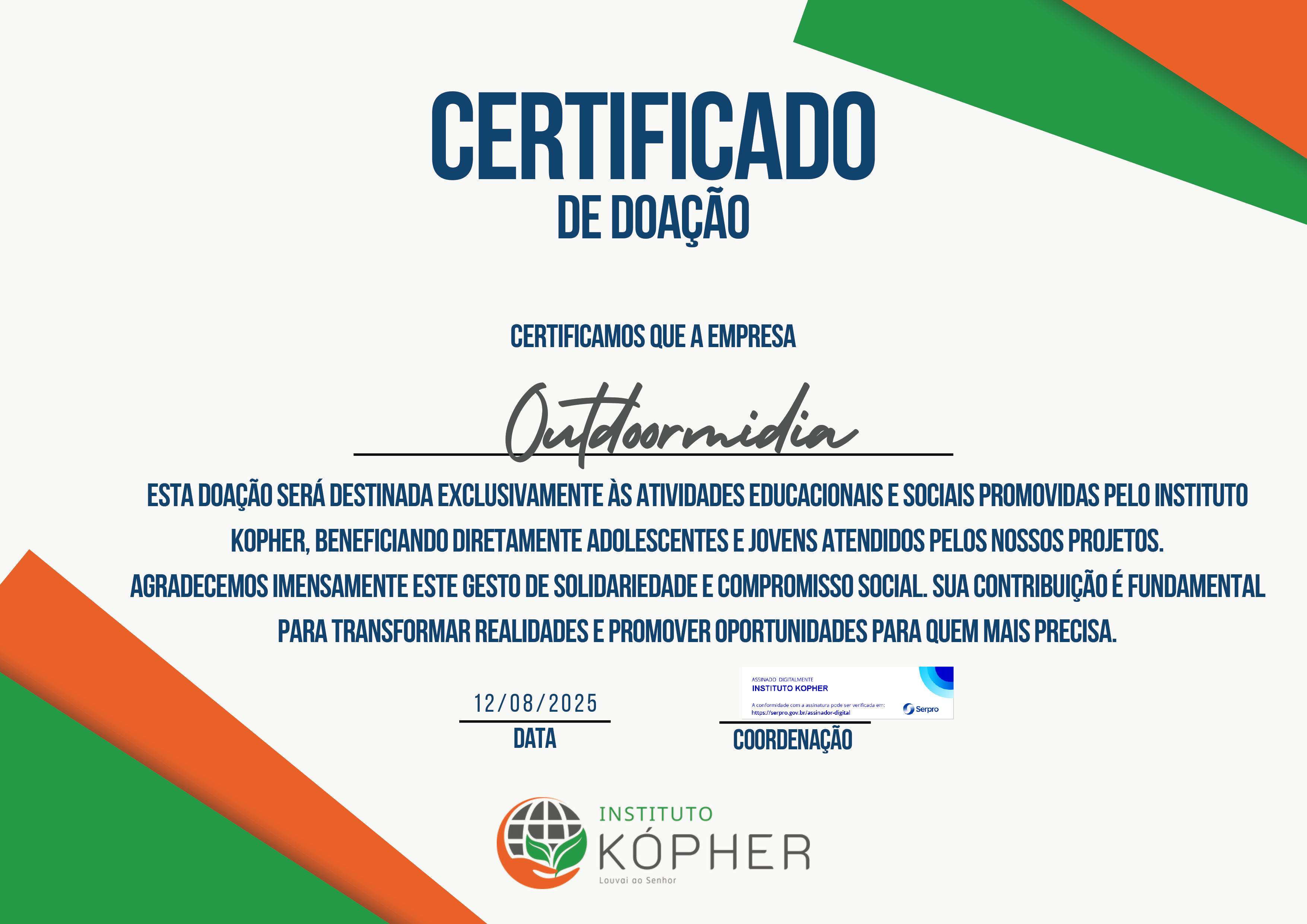 Certificado de doação do Instituto Kópher