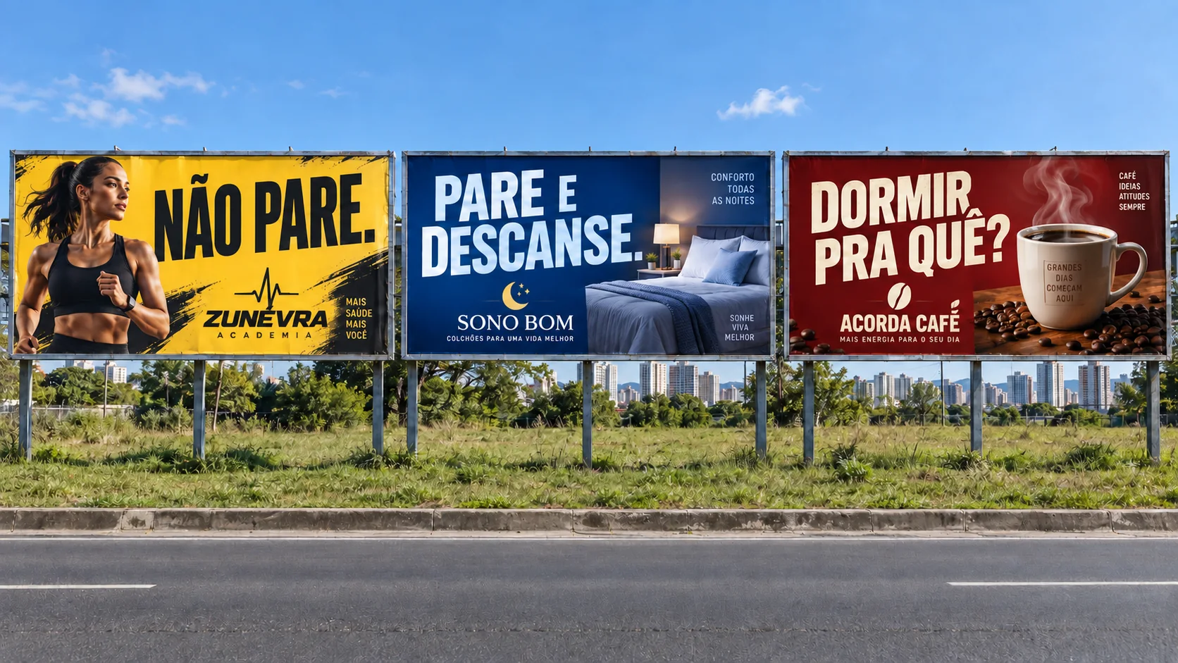 Três outdoors genéricos dividindo a mesma estrutura, cada um de uma marca diferente