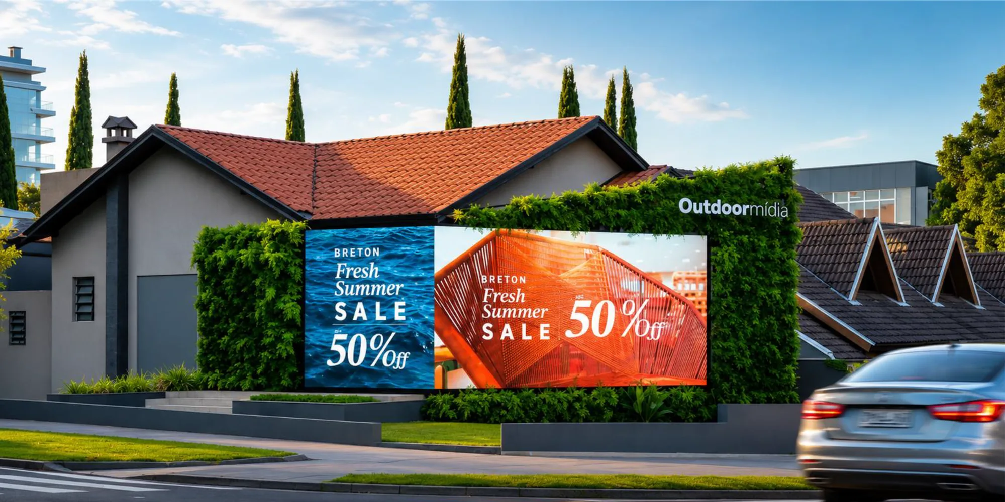 Painel digital emoldurado por parede viva de vegetação, com campanha de varejo, sob céu azul