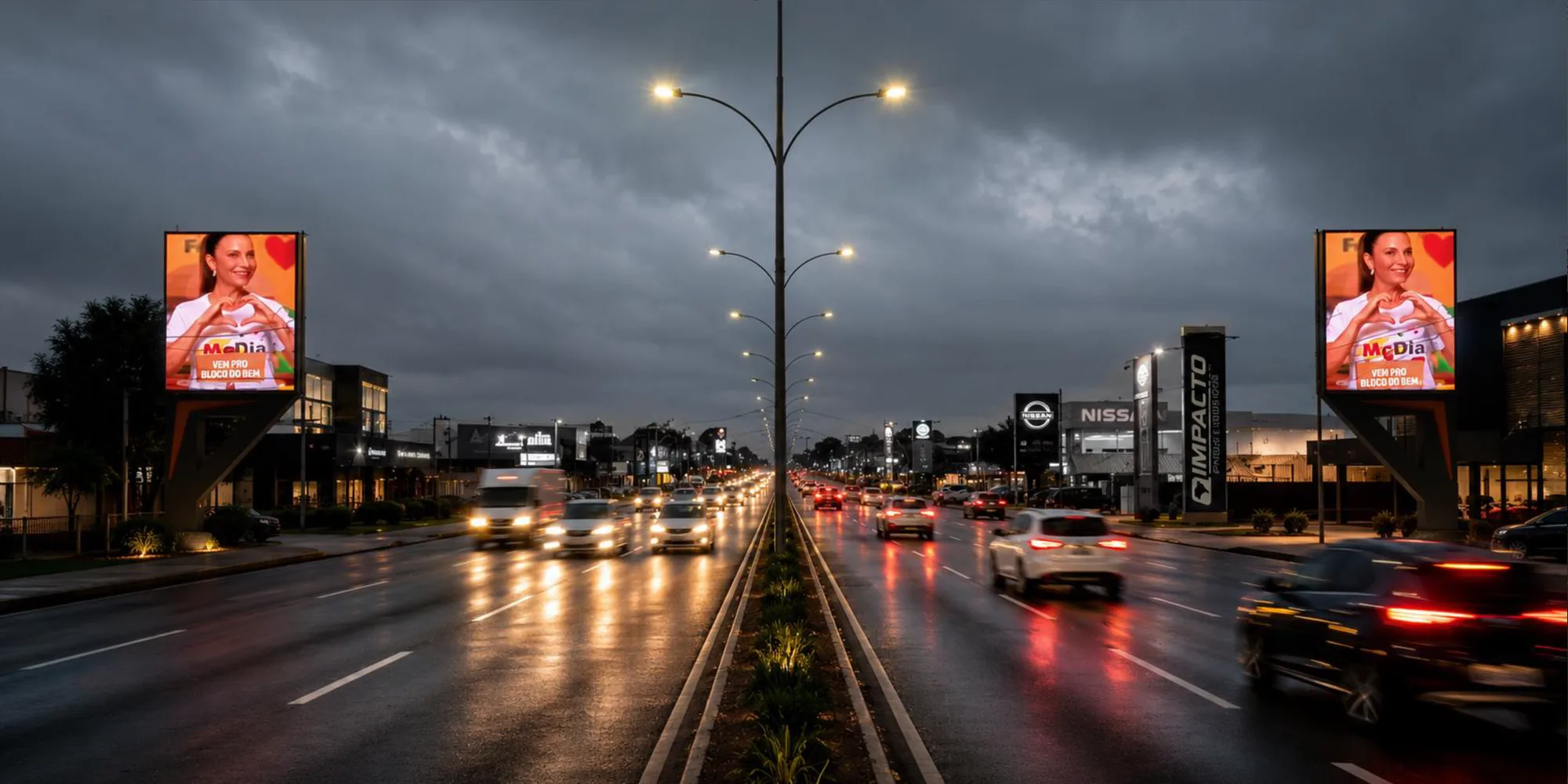Dois painéis digitais verticais, um de cada lado da avenida, ao anoitecer