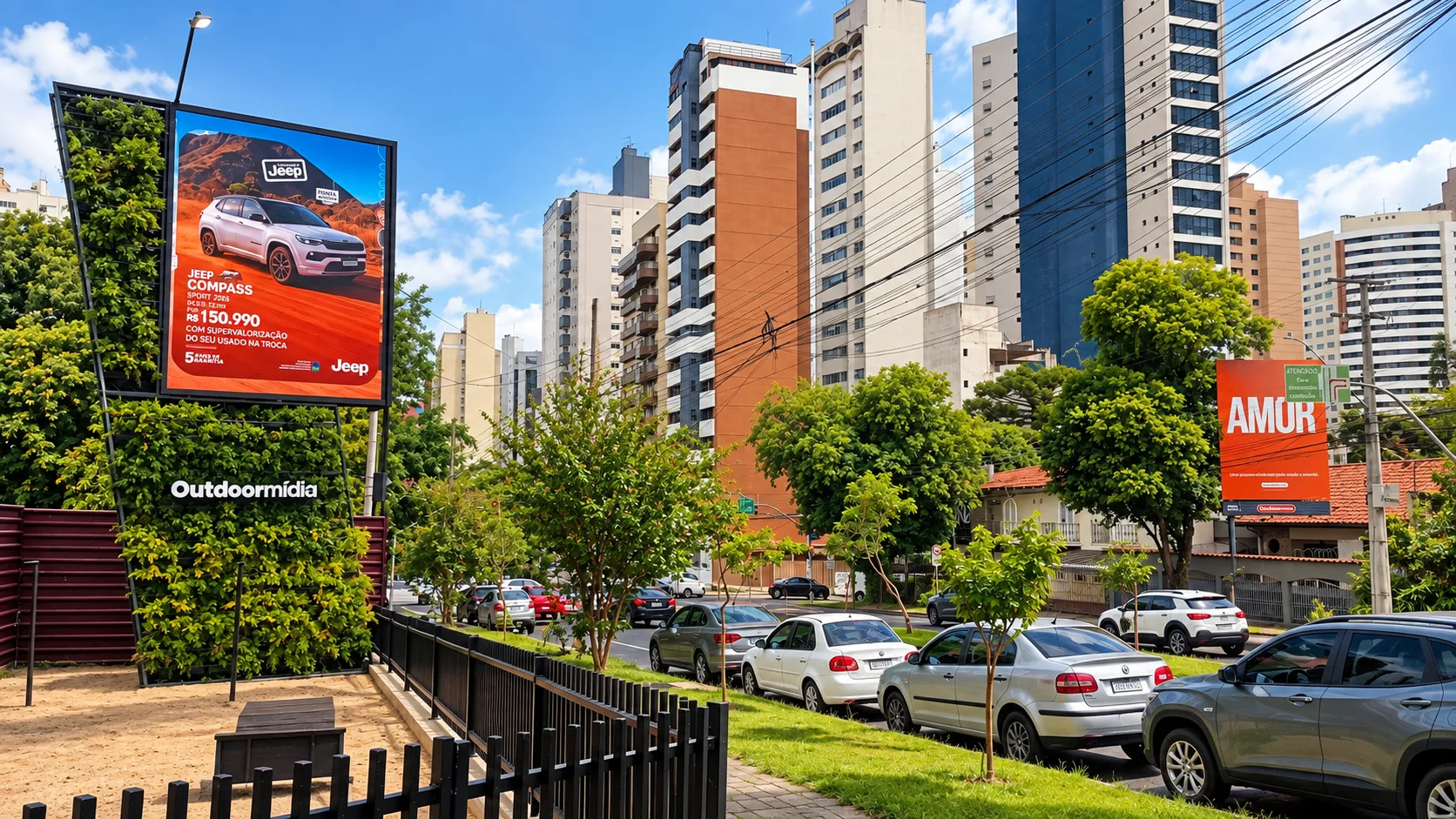 Painel digital sobre estrutura de jardim vertical com a marca Outdoormídia, ao lado da praça cercada, em avenida arborizada com prédios ao fundo