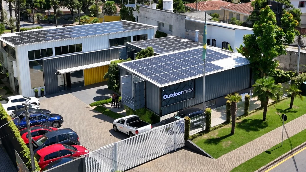 Vista aérea da sede da Outdoormídia, em Curitiba: os galpões com placas solares e a fachada com a marca